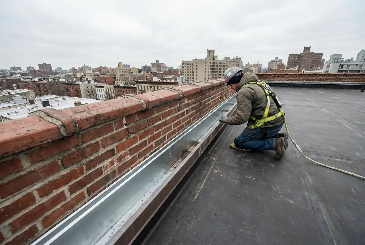 Surveying a box gutter behind a brick parapet on a commercial roof
